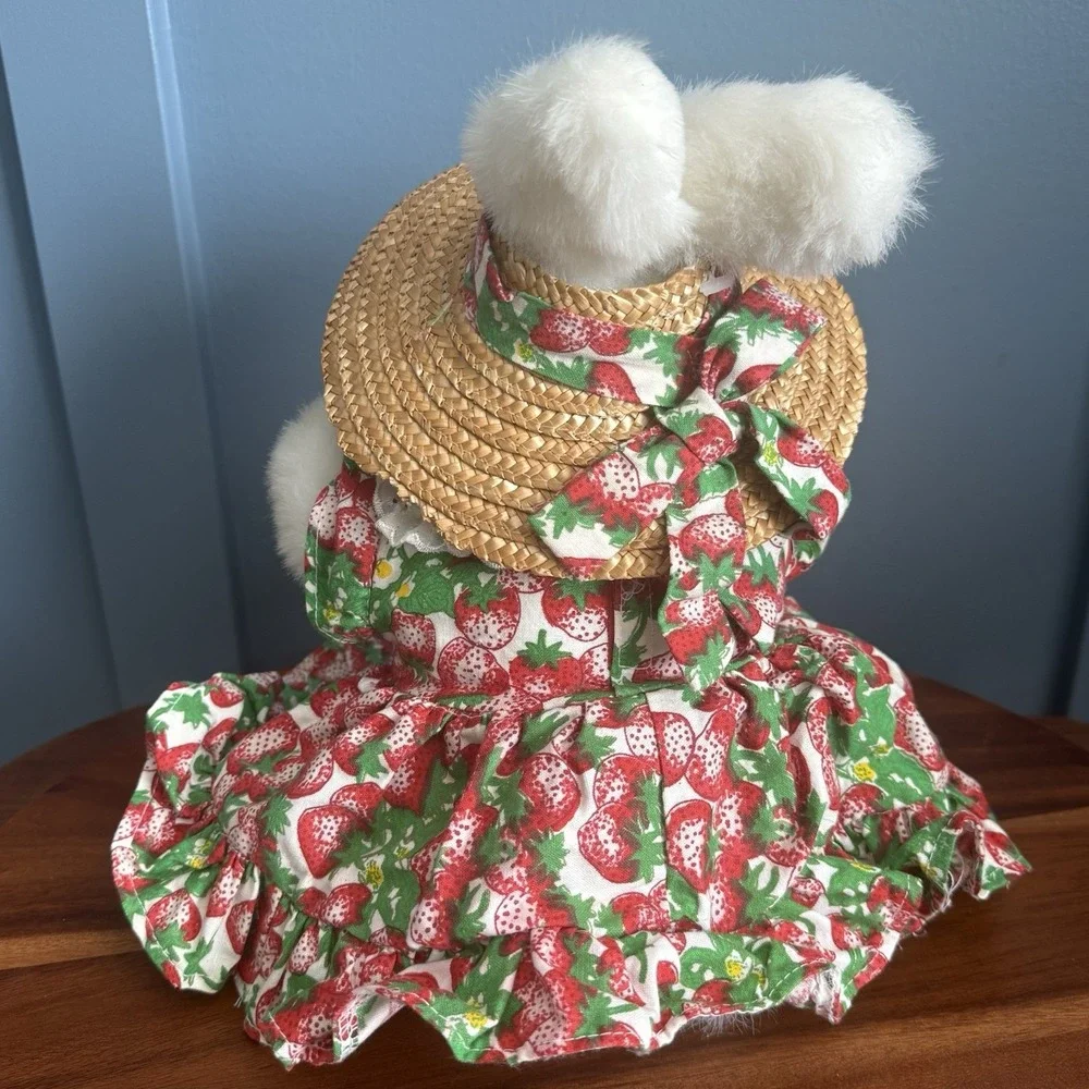 Vintage 1994 Hosung Bunny Rabbit Hand Puppet Plush Strawberry Dress Straw Hat